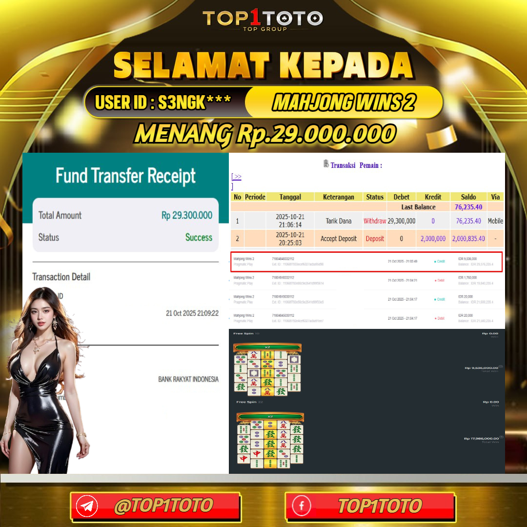 TOP1TOTO JACKPOT SLOT MAHJONG WINS 2 Rp.29.000.000 - LUNAS USER ID : S3NGK***