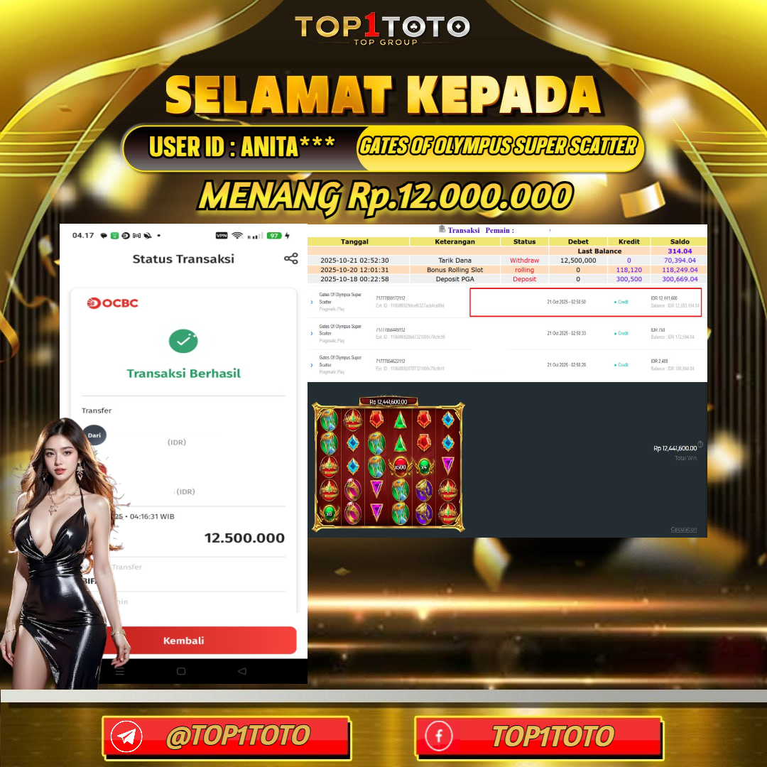TOP1TOTO JACKPOT SLOT GATES OF OLYMPUS SUPER SCATTER Rp.12.000.000 - LUNAS USER ID : ANITA***