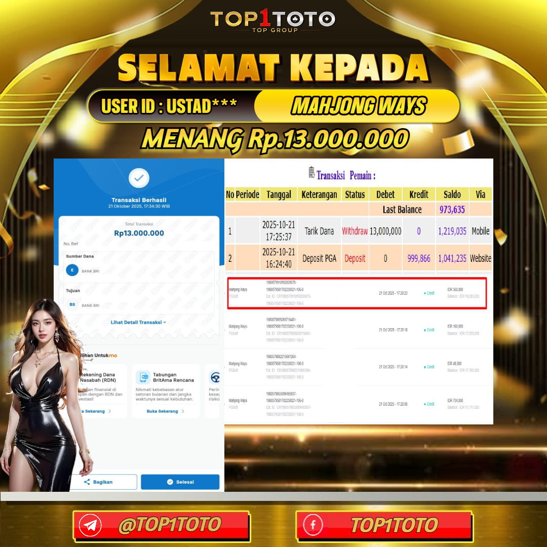TOP1TOTO JACKPOT SLOT MAHJONG WAYS Rp.13.000.000 - LUNAS USER ID : USTAD***
