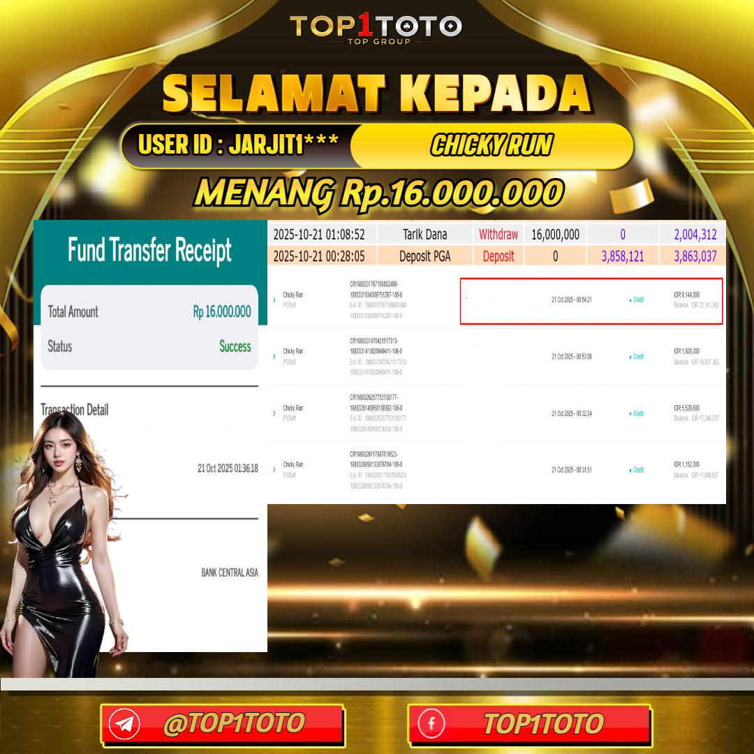 TOP1TOTO JACKPOT SLOT CHICKY RUN Rp.16.000.000 - LUNAS USER ID : JARJIT1***
