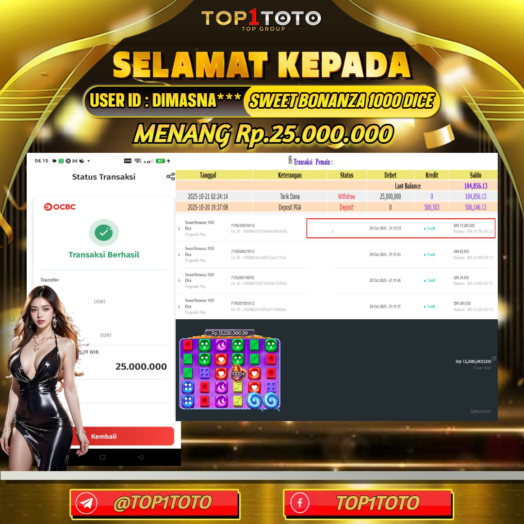 TOP1TOTO JACKPOT SLOT SWEET BONANZA 1000 DICE Rp.25.000.000 - LUNAS USER ID : DIMASNA***